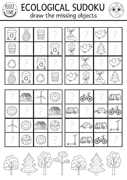 Premium vector vector ecological sudoku puzzle for kids with pictures simple black and white earth day quiz or coloring page eco awareness education line activity with zero waste concept find missing