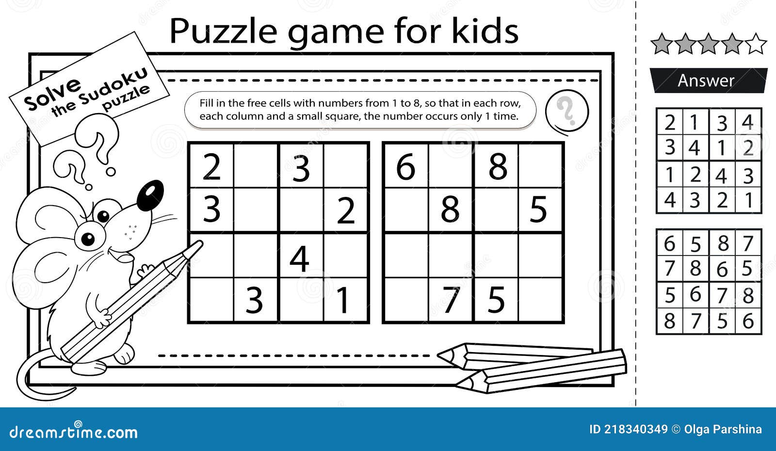 Solve the sudoku puzzle together with the little mouse logic puzzle for kids education game for children coloring page stock vector