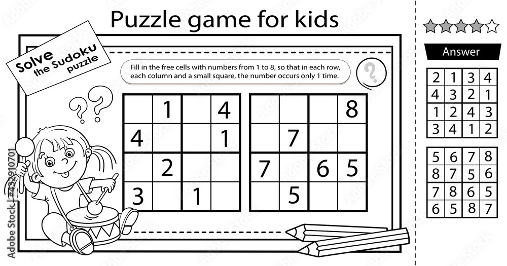 Sudoku puzzle logic puzzle for kids education game for children girl with a drum coloring page worksheet vector design for schoolers vector