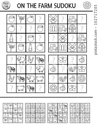 Vector farm sudoku black and white puzzle for