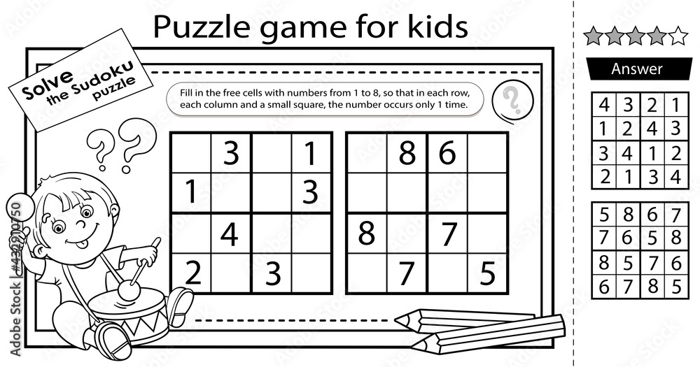 Sudoku puzzle logic puzzle for kids education game for children boy with a drum coloring page worksheet vector design for schoolers vector