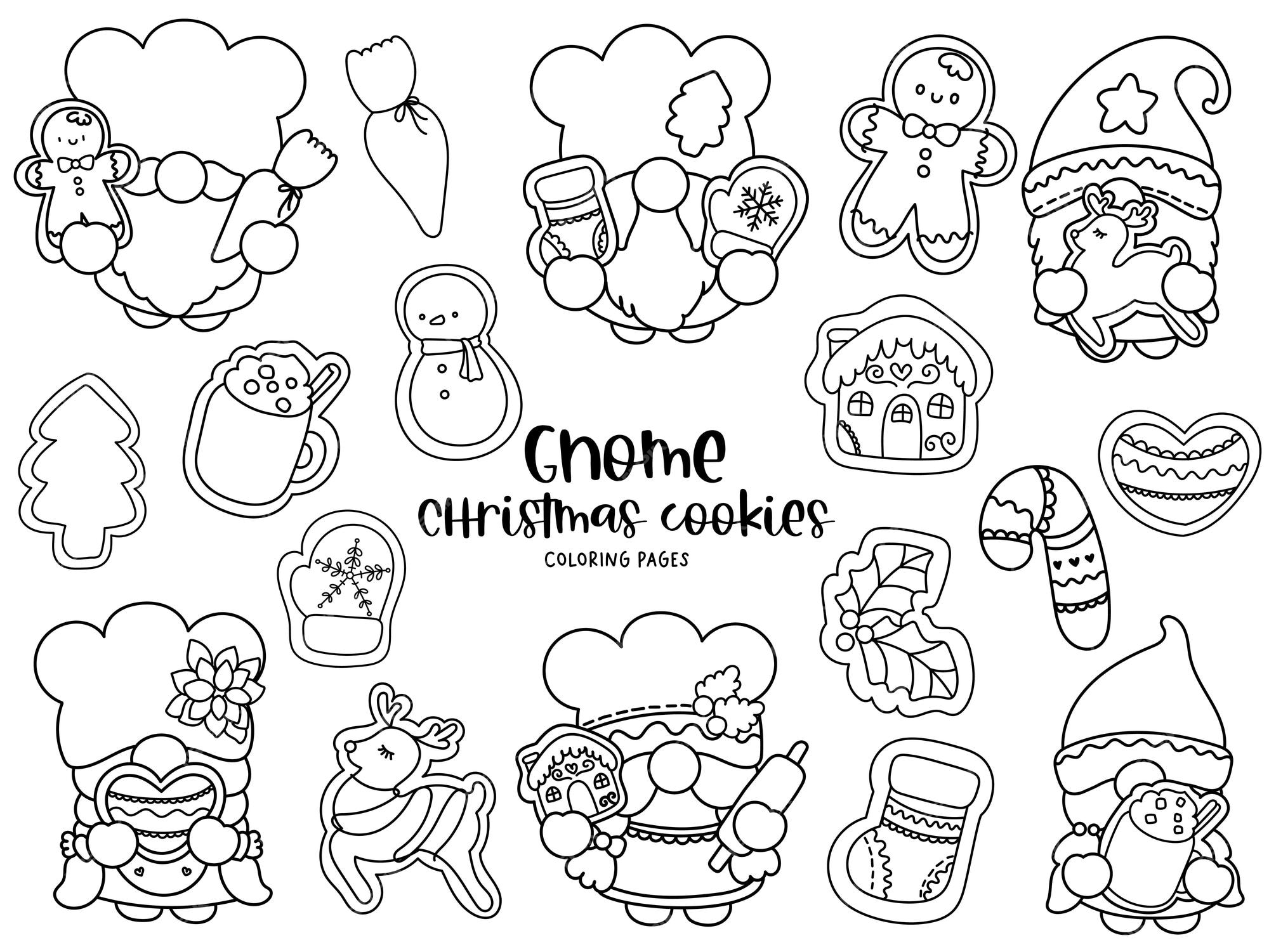 Premium vector gnome christmas cookies doodle coloring pages