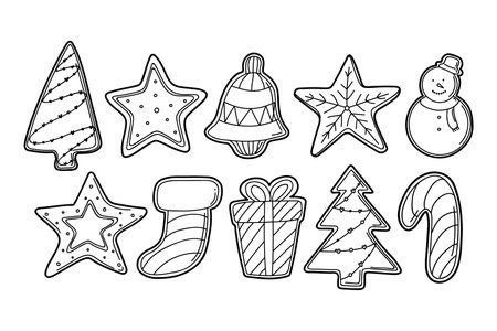 Hand drawn vector doodle set of gingerbread christmas cookies in black outline for kids coloring book illustrations