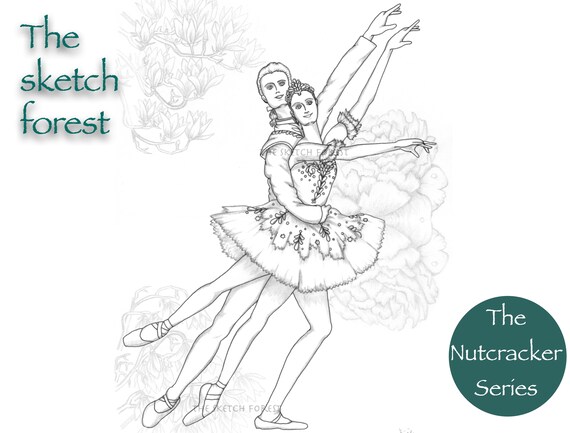 Printable coloring page l ballet illustration l sugar plum fairy and the prince the nutcracker l greyscale l instant download pdf jpg