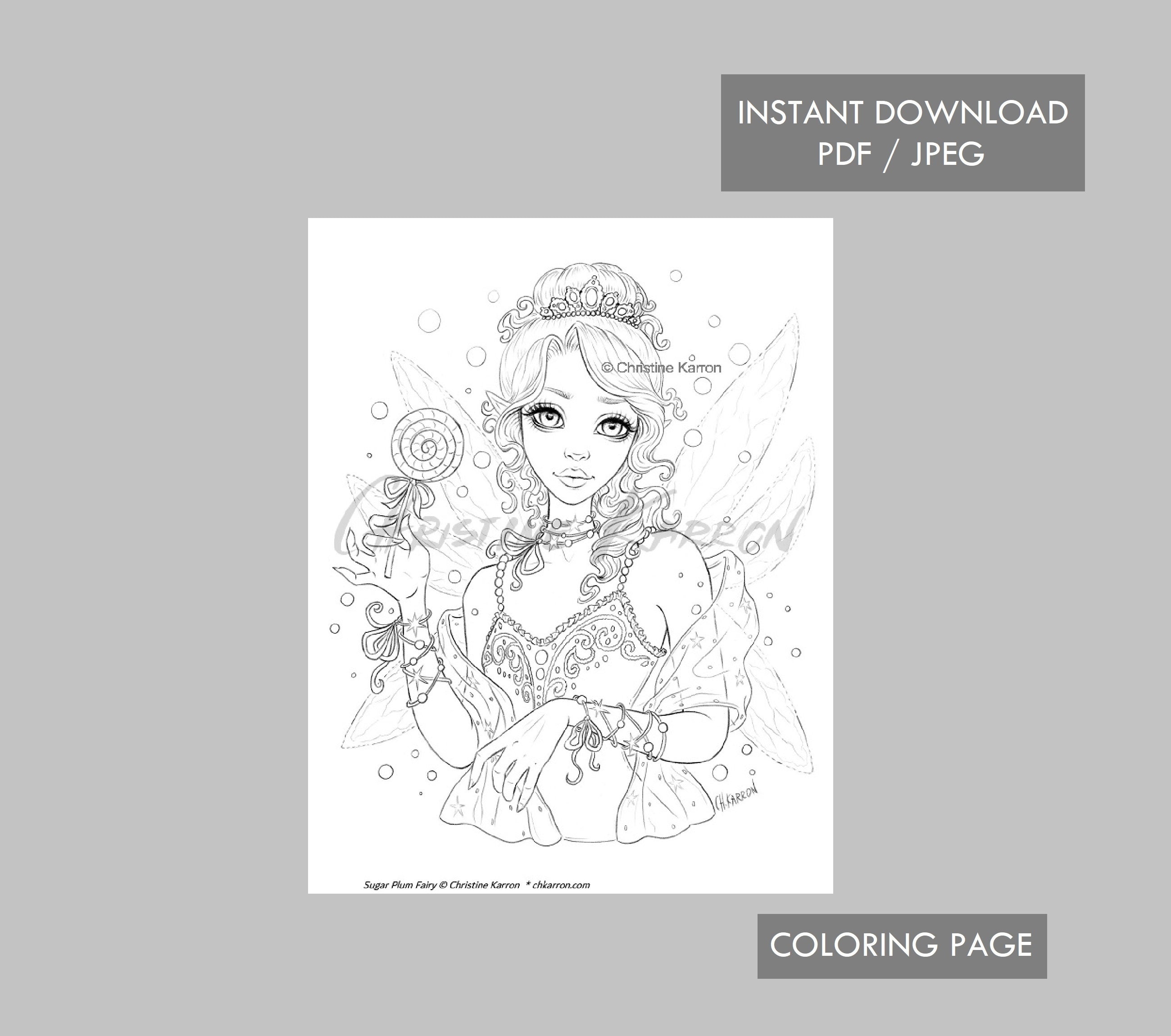 Sugar plum fairy coloring page line art illustration instant download printable file jpeg and pdf