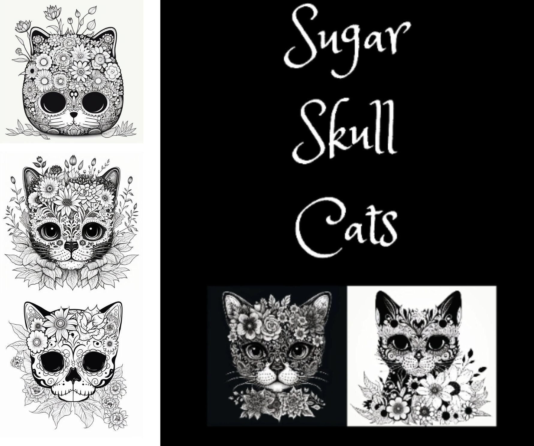 Sugar skull cats relaxing imaginative coloring pages therapeutic art cool cat skull coloring rainbow effect coloring book relaxing art pages instant download