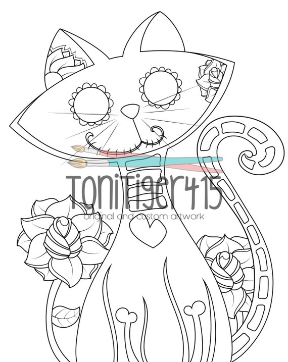 Sugar skull cat drawing instant digital download coloring page original day of the dead art dia de los muertos adult coloring page