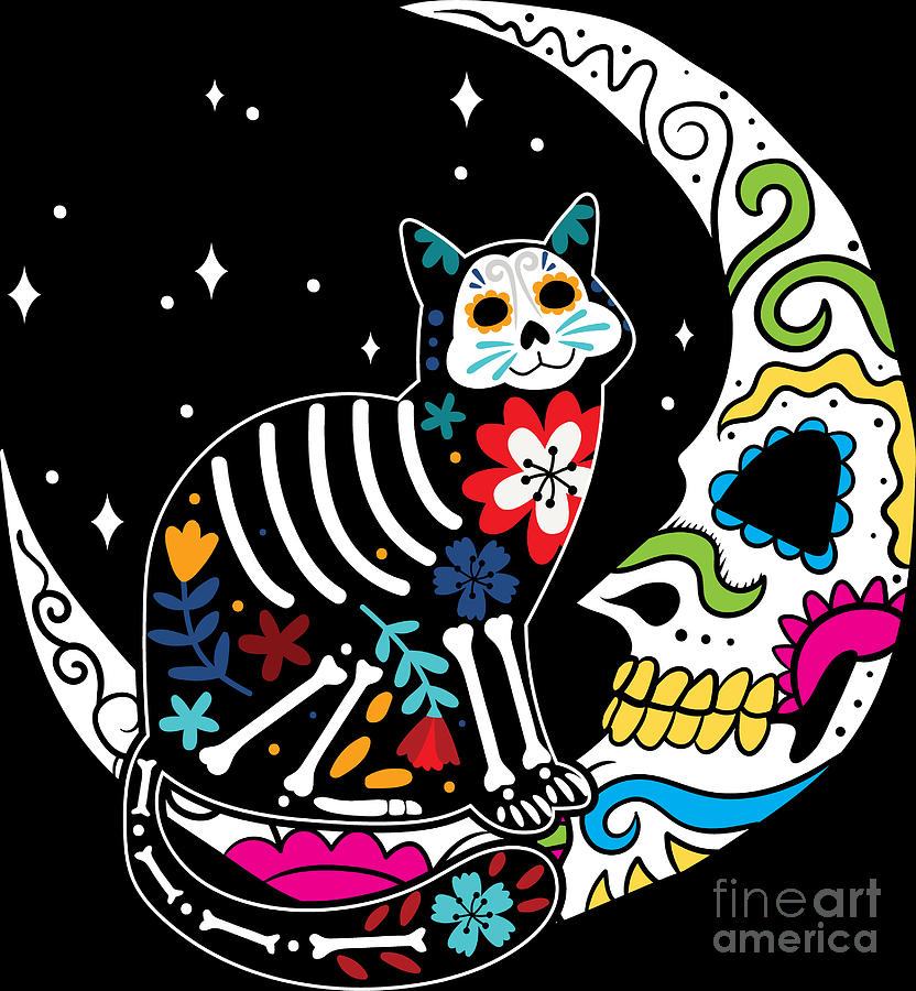 Sugar skull cat and moon day of the dead cat mom gift digital art by haselshirt