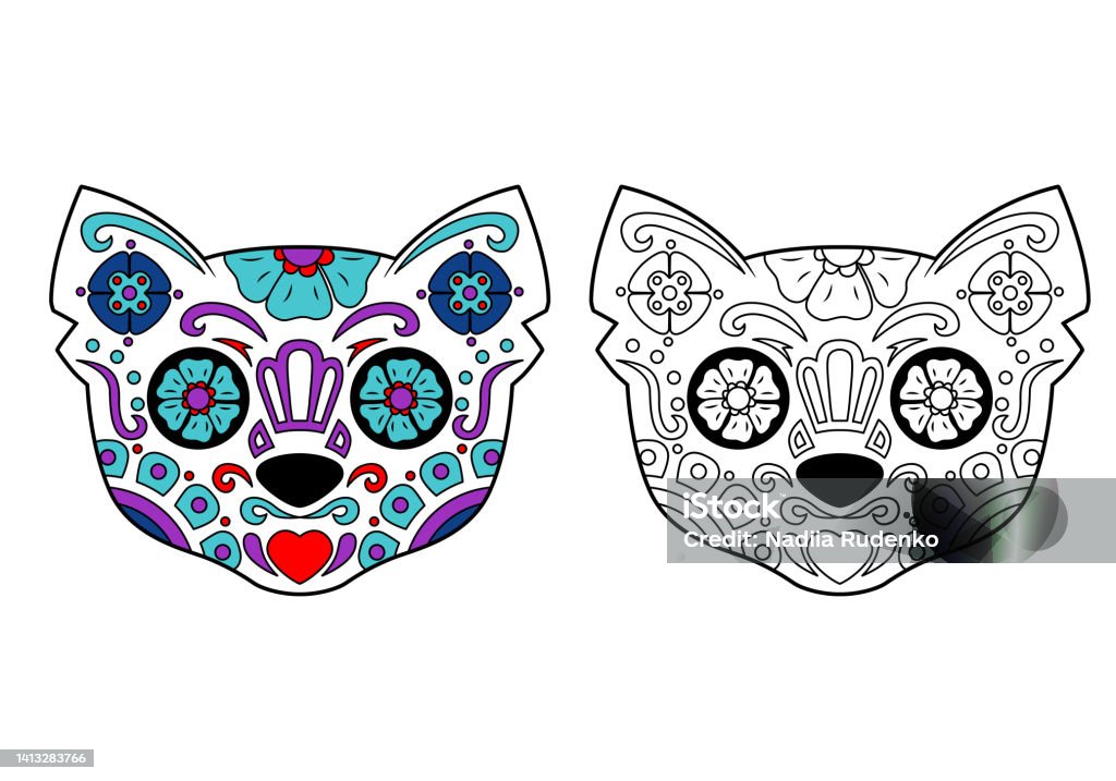 Cat sugar skull with coloring example stock illustration