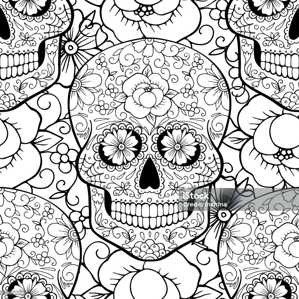 Seamless pattern with a sugar skull coloring page stock illustration