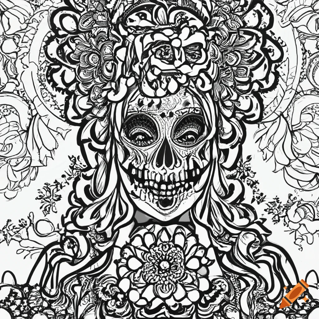 Sticker with white background clean black and white coloring page black sugar skull bride in a pink dress standing in an altar mandala style white background thick lines medium detail flat lighting