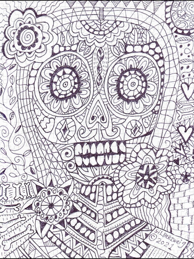 Sugar skull coloring page jigsaw puzzle by sandra silberzweig