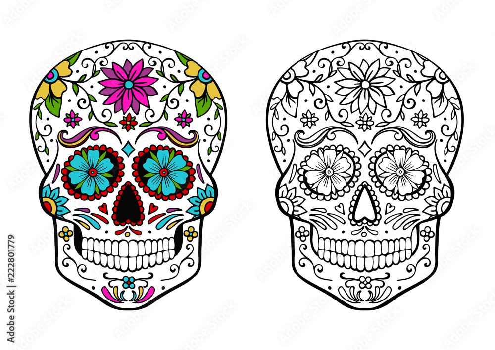 Sugar skull coloring page and an example of coloring vector