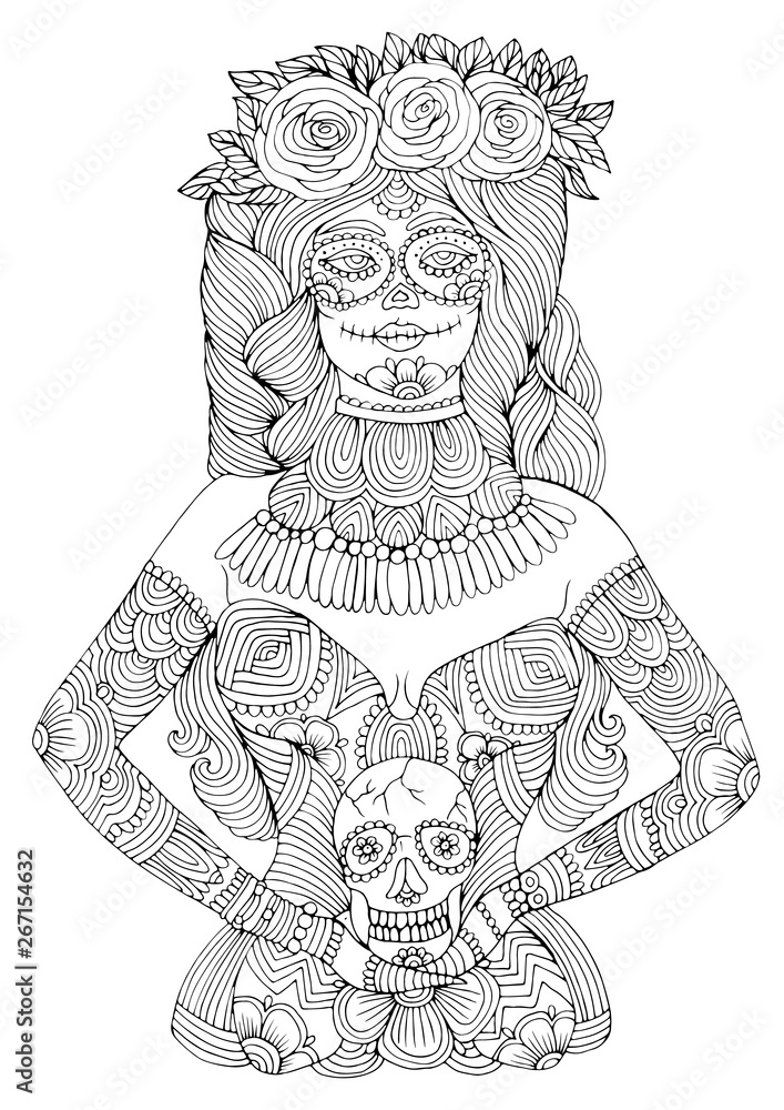 Jpeg hand drawn girl with calavera makeup with flowers in her hair holding sugar skull mexican