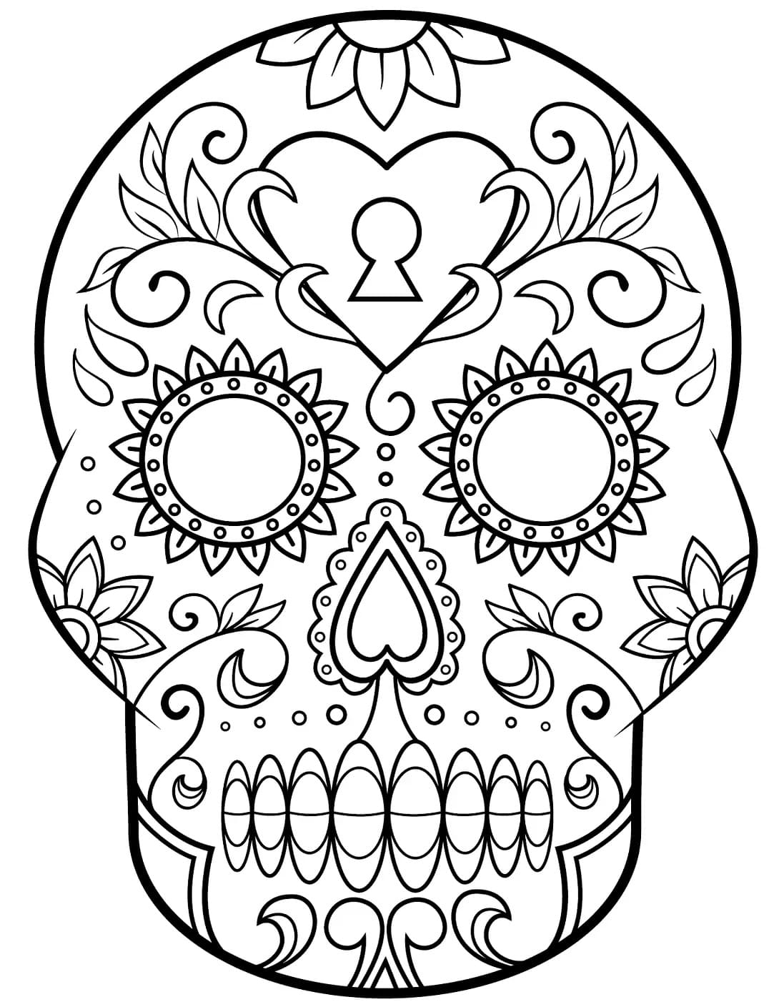 Sugar skull and heart lock coloring page