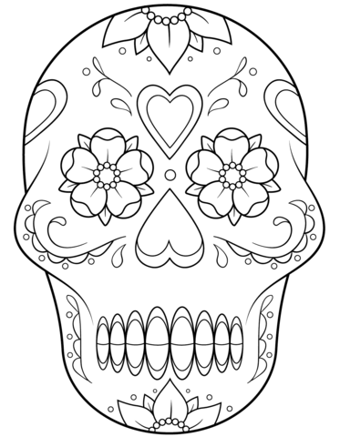 Sugar skull with flowers and hearts coloring page free printable coloring pages