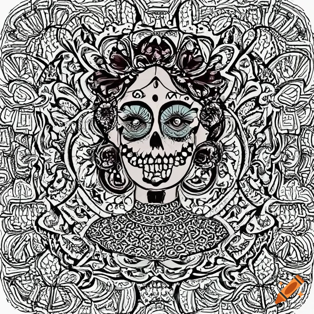 Sticker with white background clean black and white coloring page black sugar skull bride in a pink dress standing in an altar mandala style white background thick lines medium detail flat lighting