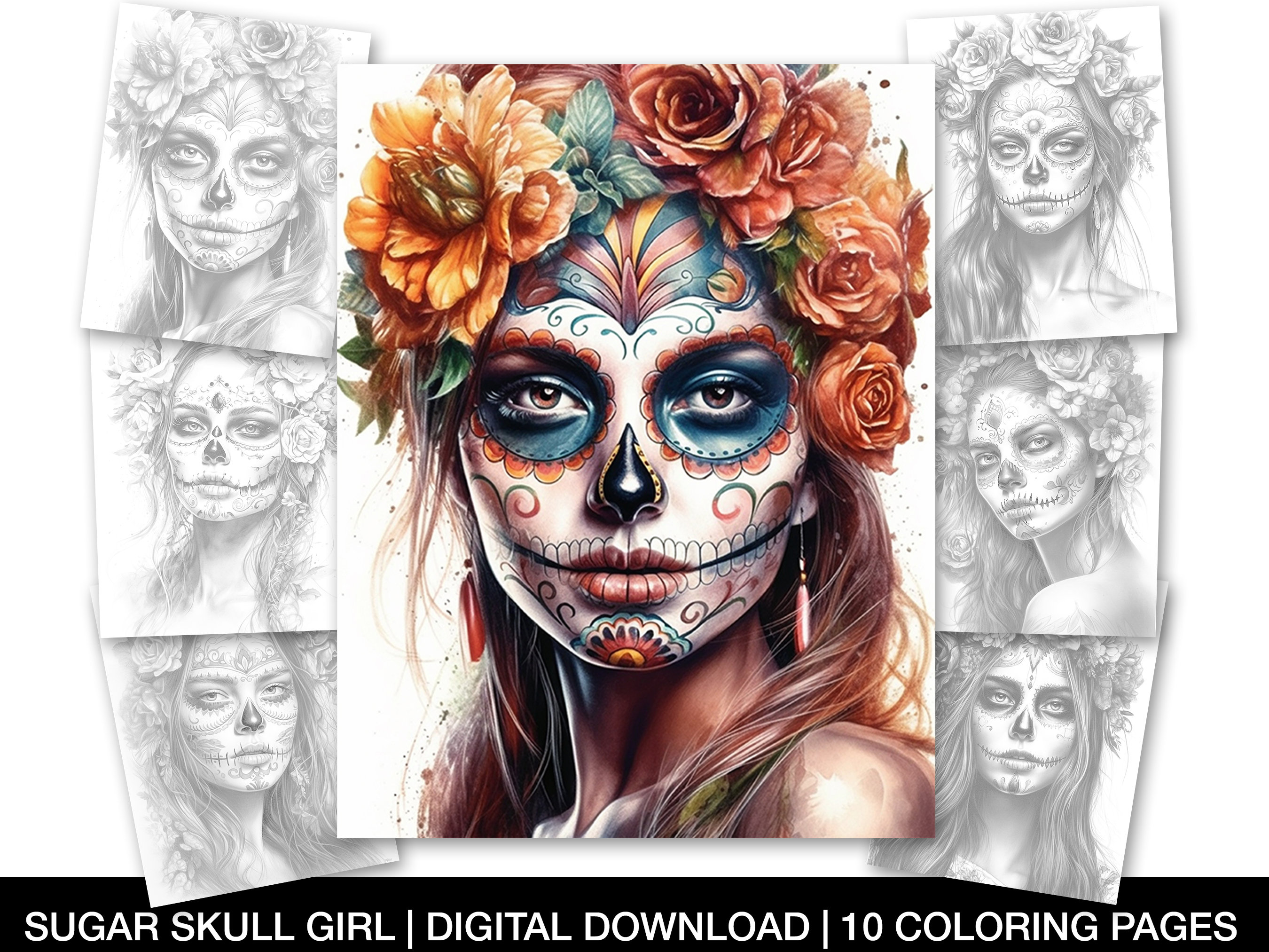 Sugar skull girl coloring pages for adults beautiful printable grayscale sugar skull coloring sheets dia de los muertos instant download