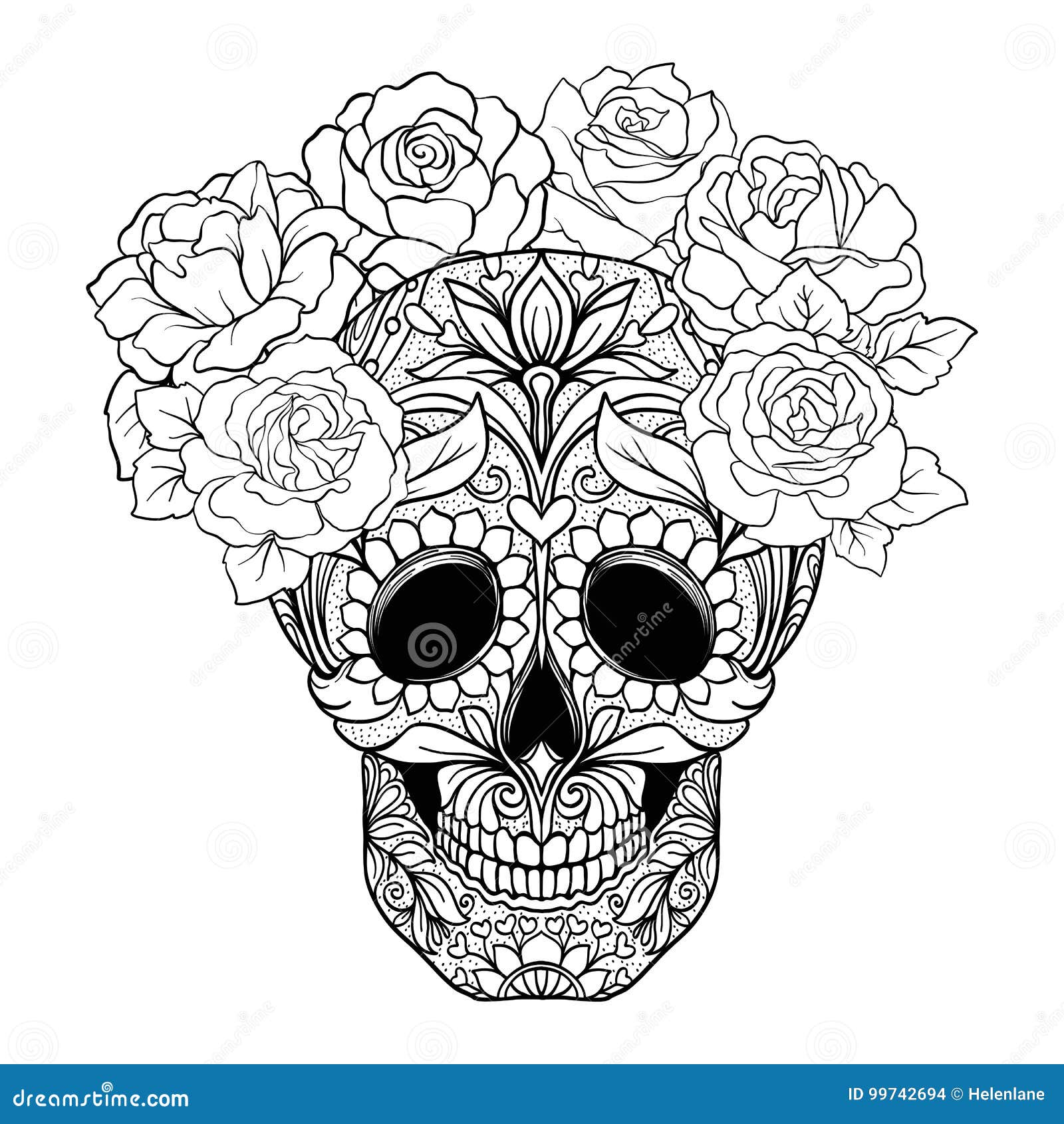 Sugar skull with decorative pattern and a wreath of red roses s stock vector