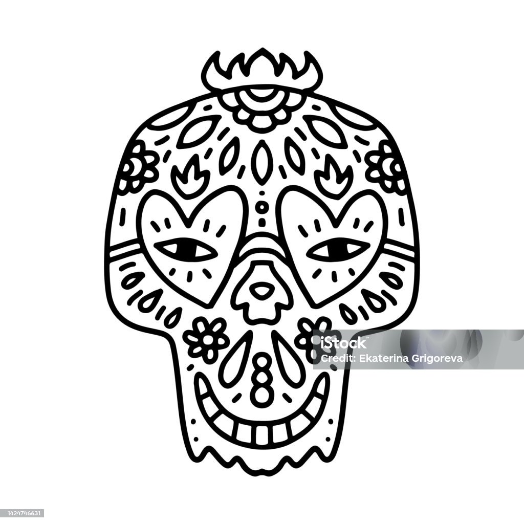 The smiling sugar skull mandala line art outline coloring page illustration day of the dead symbol vector spiritual skull with the flowers decoration fire heart eyeglasses leaves stock illustration