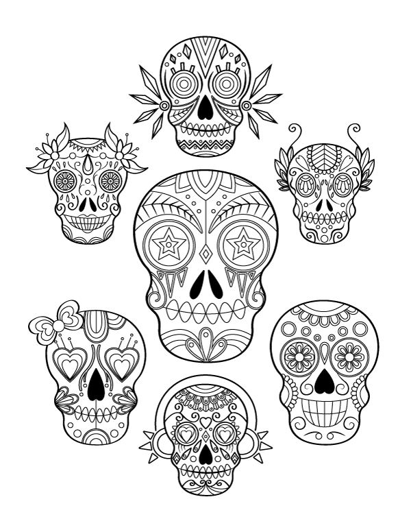 Printable sugar skulls coloring page