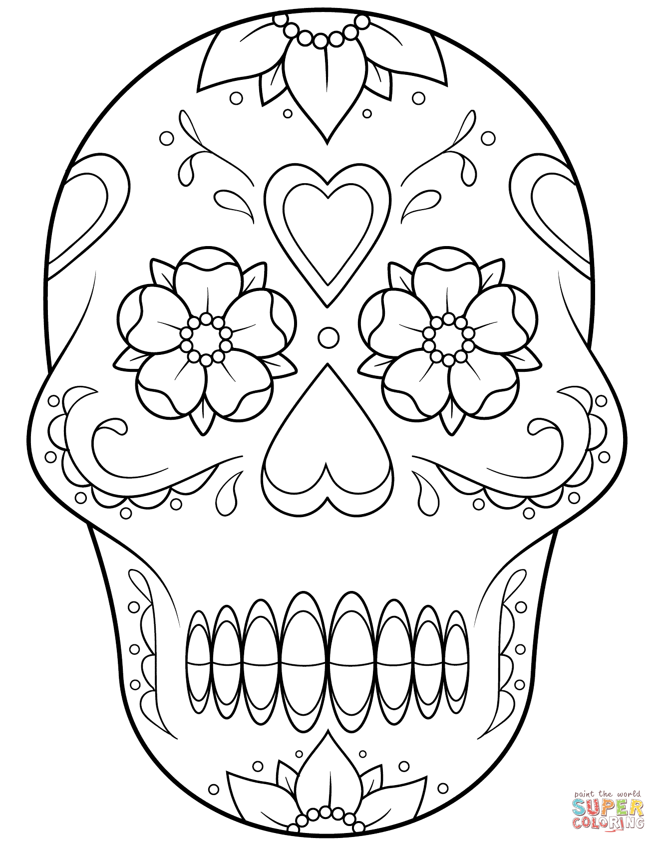 Sugar skull with flowers and hearts coloring page free printable coloring pages