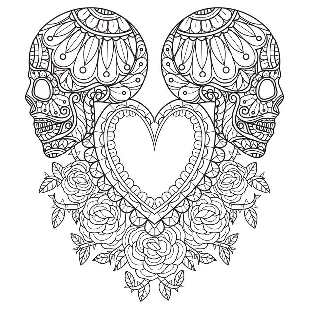 Premium vector skull and rose heart hand drawn for adult coloring book