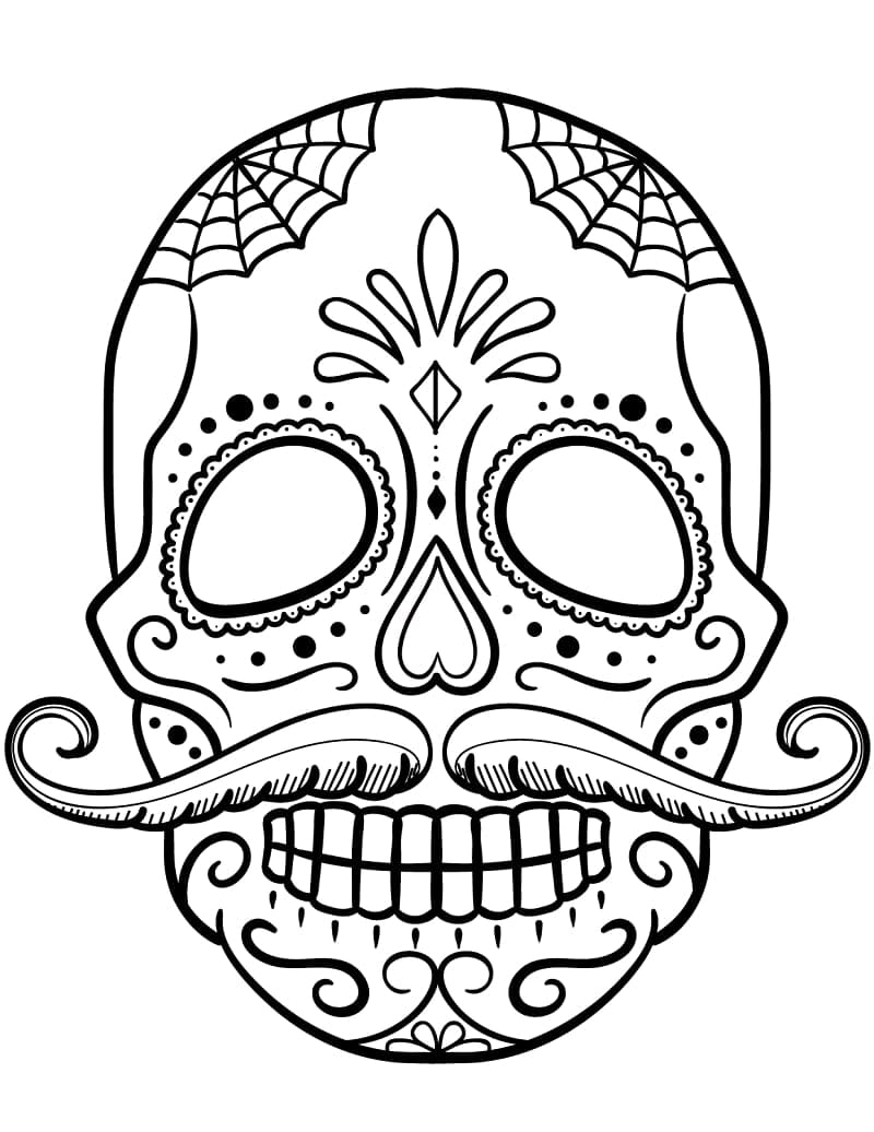 Sugar skull with mustache coloring page