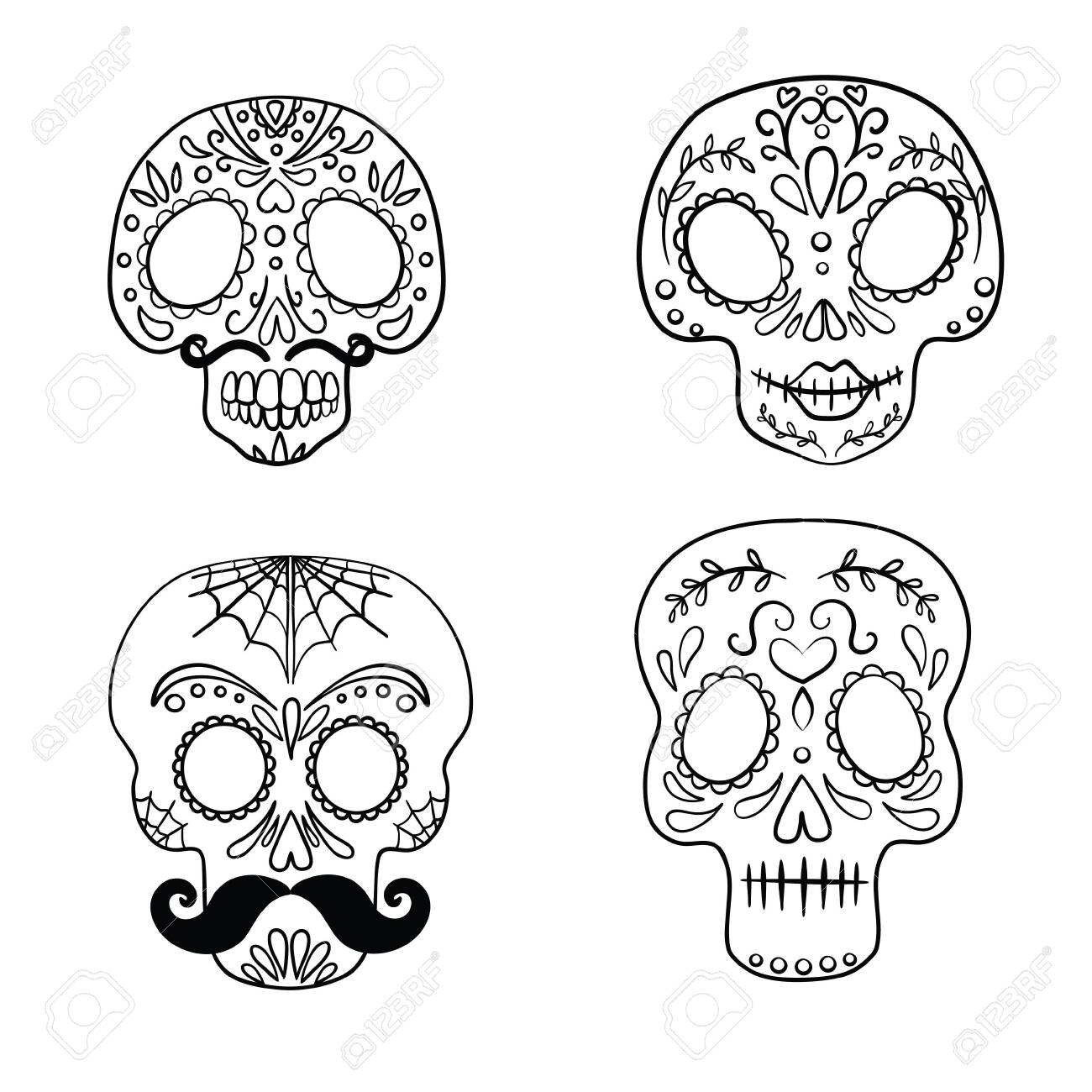 Black and white mexican sugar skull coloring page line art set royalty free svg cliparts vectors and stock illustration image