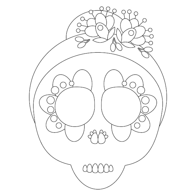 Premium vector mexican sugar skull with flowers coloring page