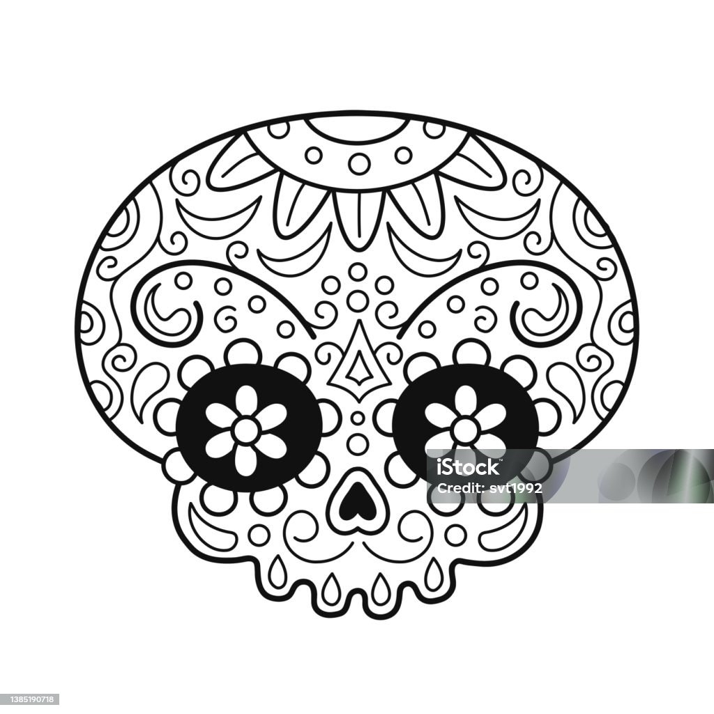 Mexican sugar skull page for coloring book vector doodle line cartoon character illustration icon skull tshirt printcoloring page design stock illustration