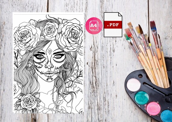 Sugar skull girls coloring pages adults printable grayscale coloring book coloring pages for adults sugar skulls digital coloring book