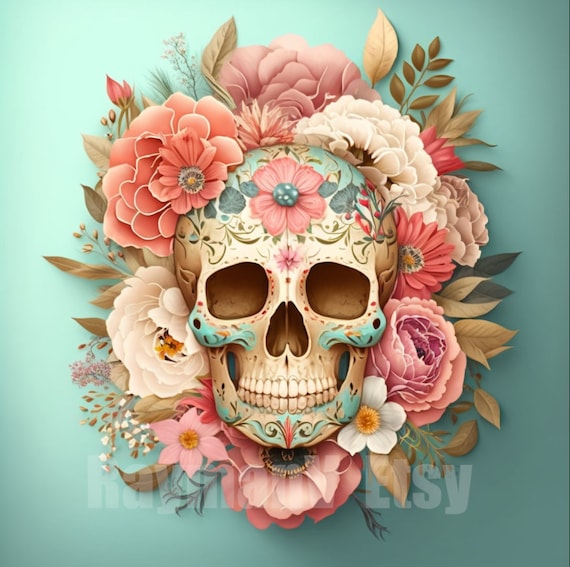 Colorful mexican sugar skull filled with a pastel color palette of pink and blue and beautiful flowers