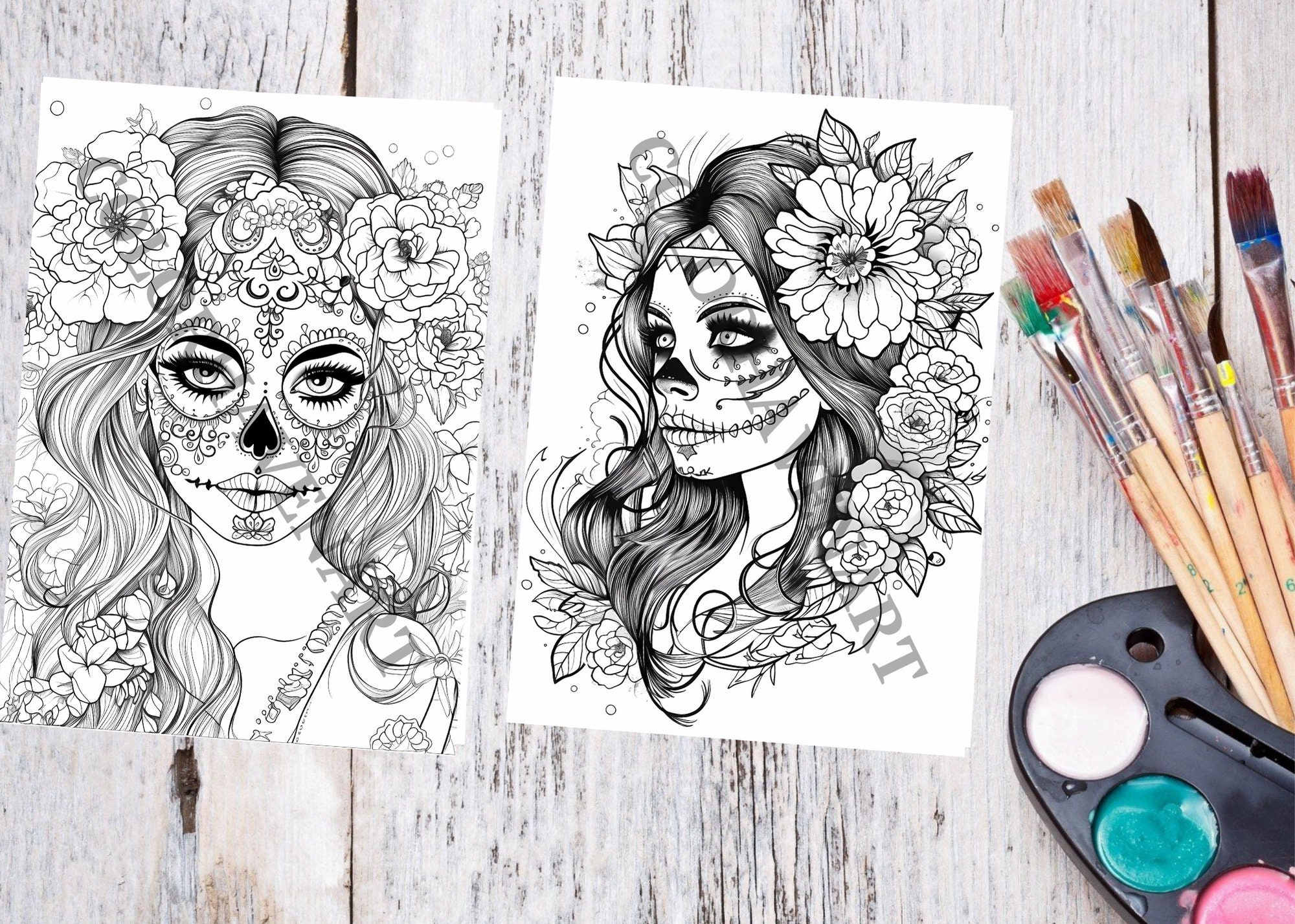 Sugar skull girls coloring pages adults printable grayscale coloring book coloring pages for adults sugar skulls digital coloring book