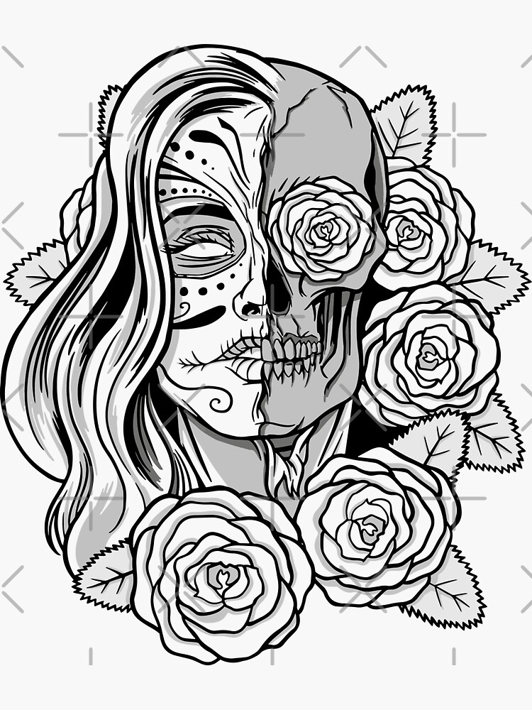 Face and half skull sugar skull girl halloween floral sticker for sale by tribexspace