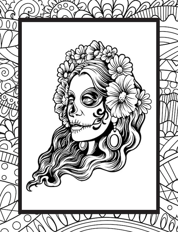 Dia de los muertos mexican skull color female sugar skull coloring page for adults halloween free download print x at home instant download