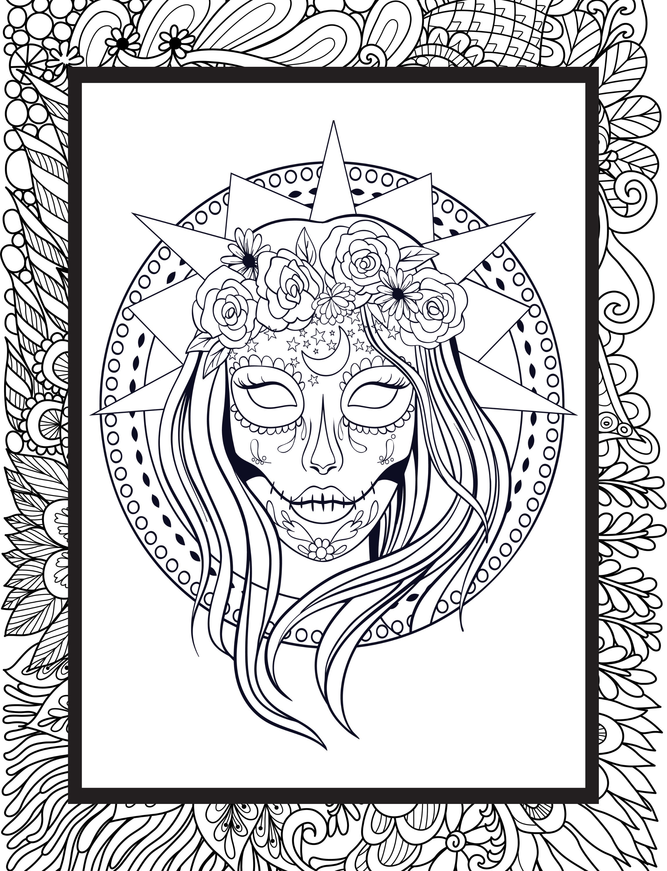 Female sugar skull coloring page for adults day of the dead mexican skull color halloween free download print x at home