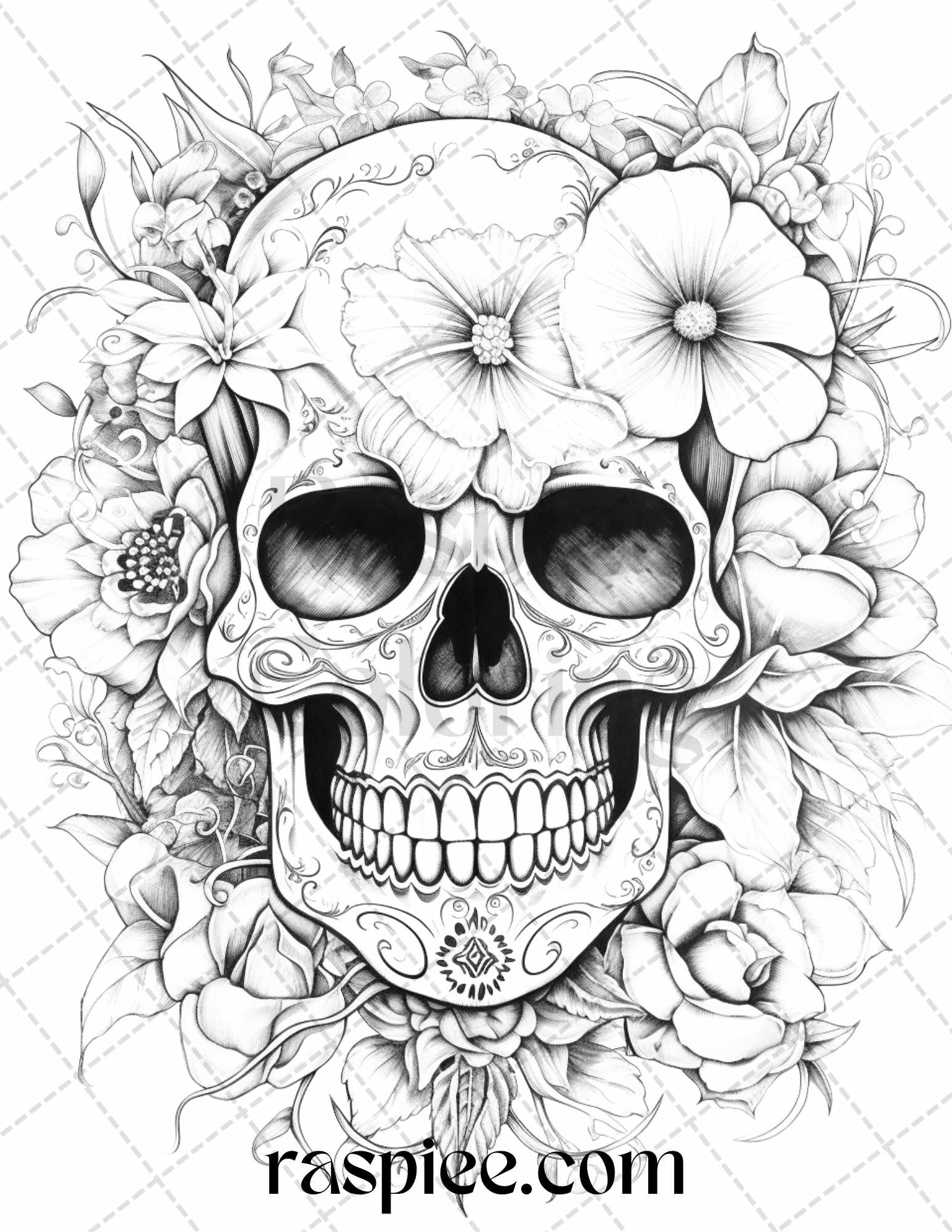 Floral skull grayscale coloring pages for adults stress relief col â coloring