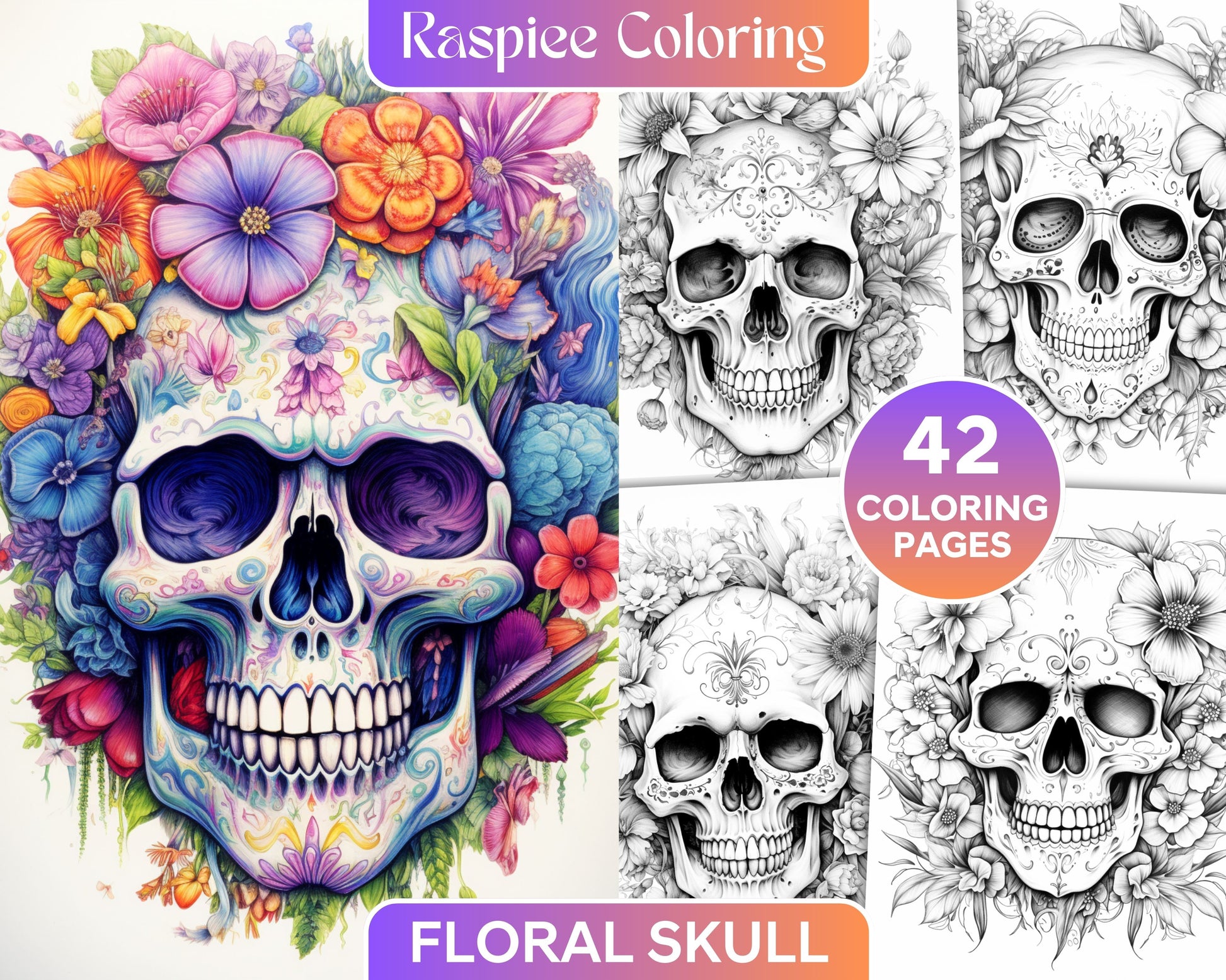 Floral skull grayscale coloring pages for adults stress relief col â coloring