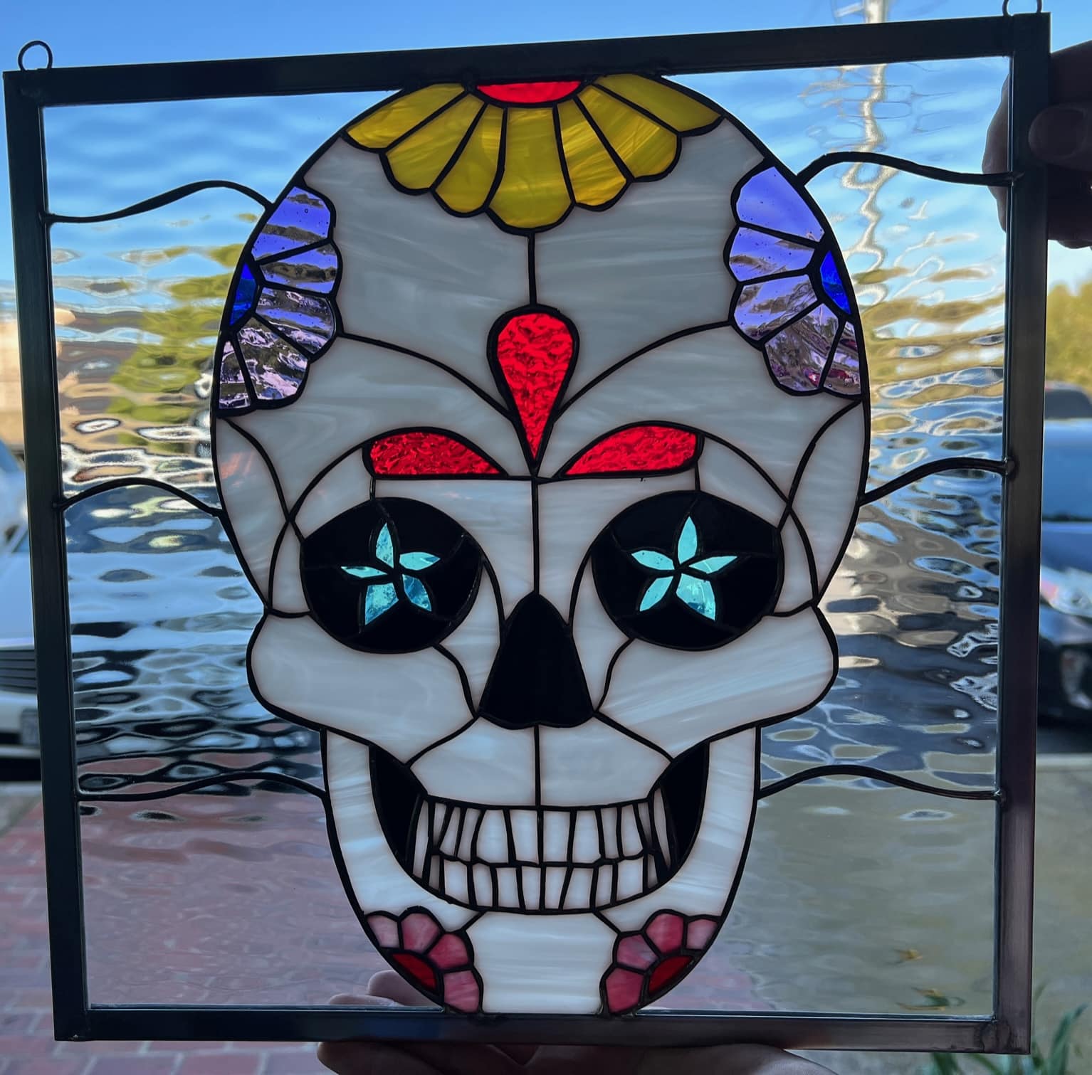 The day of the dead skull stained glass window