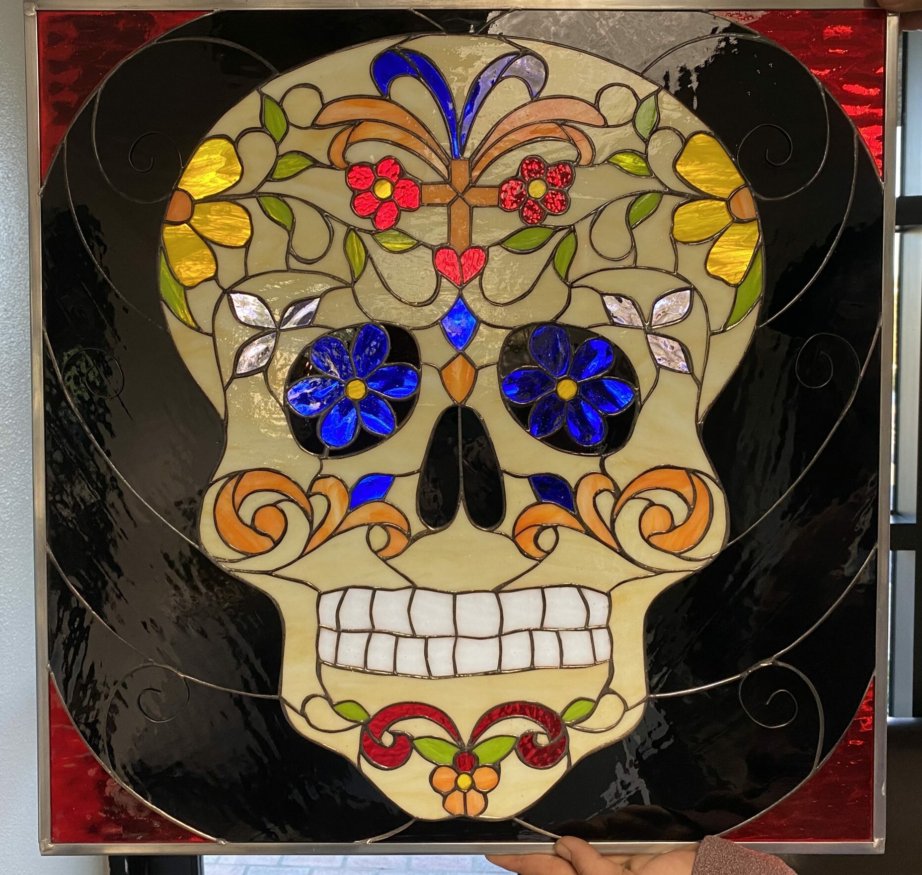 Day of the dead skull leaded stained glass window panel