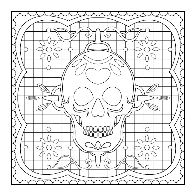 Free vector hand drawn dia de muertos papel picado coloring page illustration