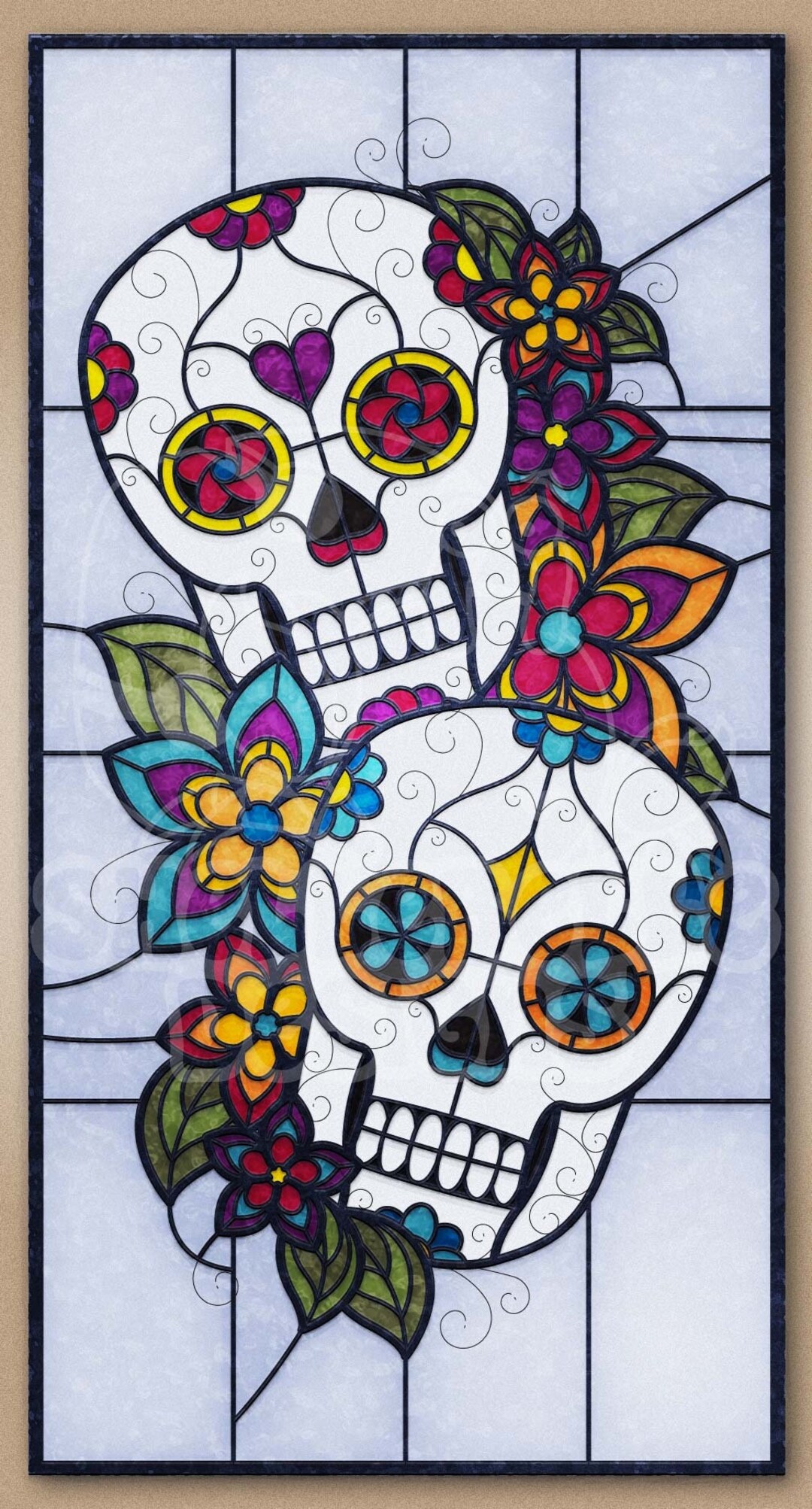 Digital stained glass pattern dia de los muertos sugar skulls flowers panel day of the dead sugar skulls resale friendly download now