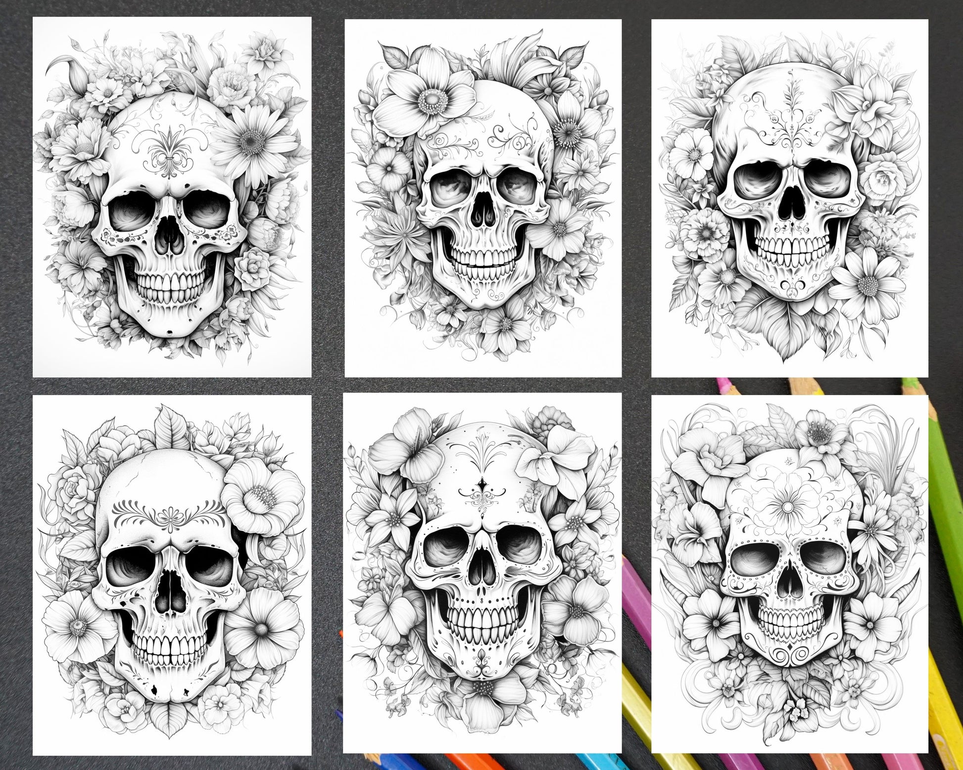 Floral skull grayscale coloring pages for adults stress relief col â coloring