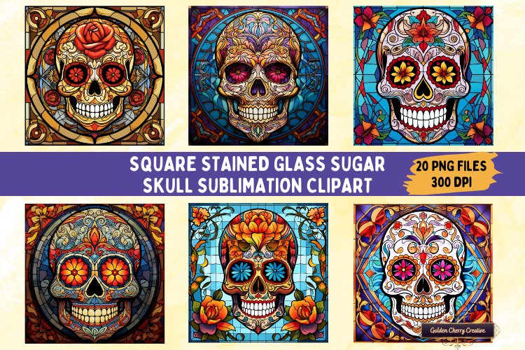 Square stained glass sugar skull sublimation