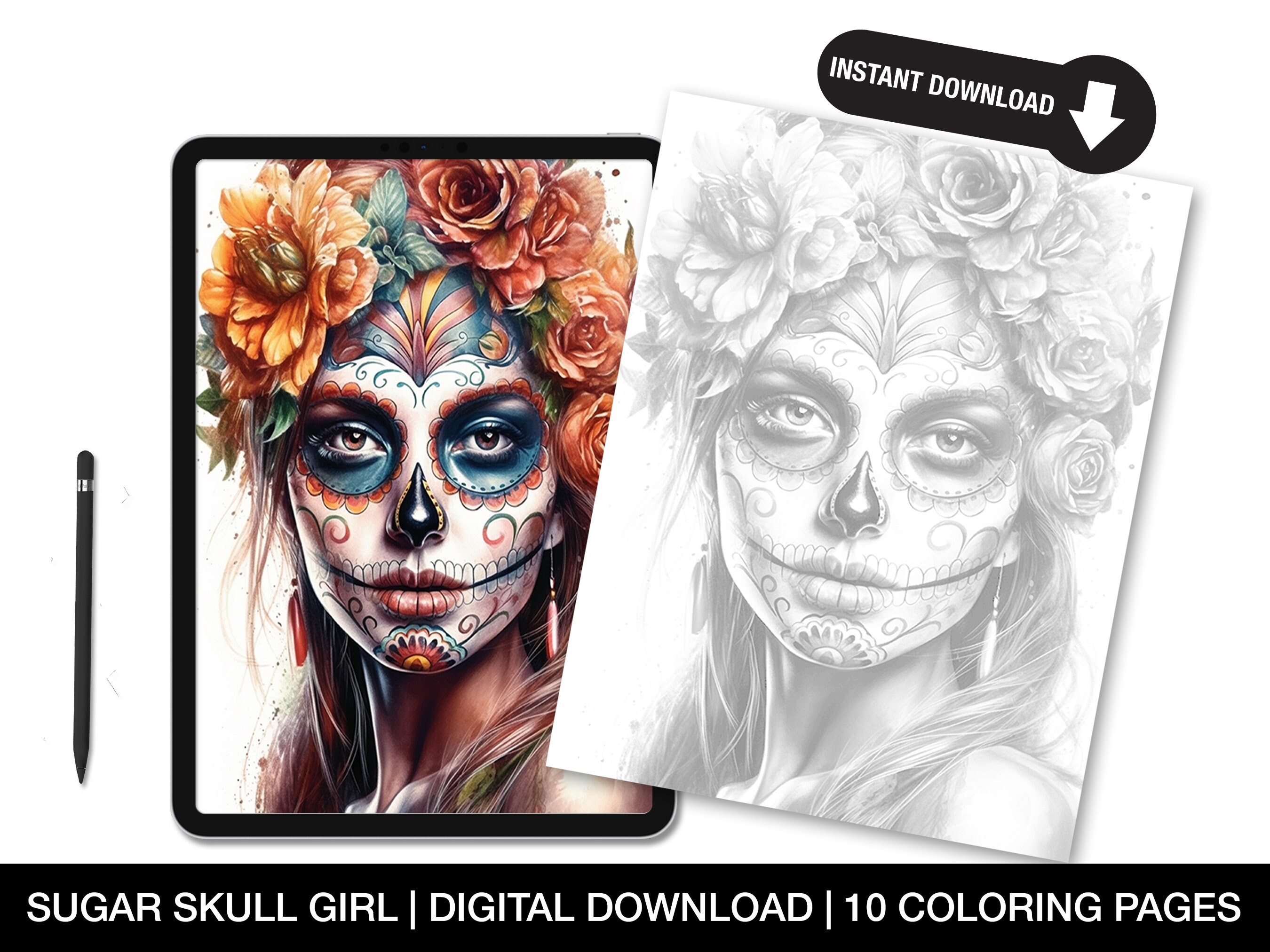 Sugar skull girl coloring pages for adults beautiful printable grayscale sugar skull coloring sheets dia de los muertos instant download