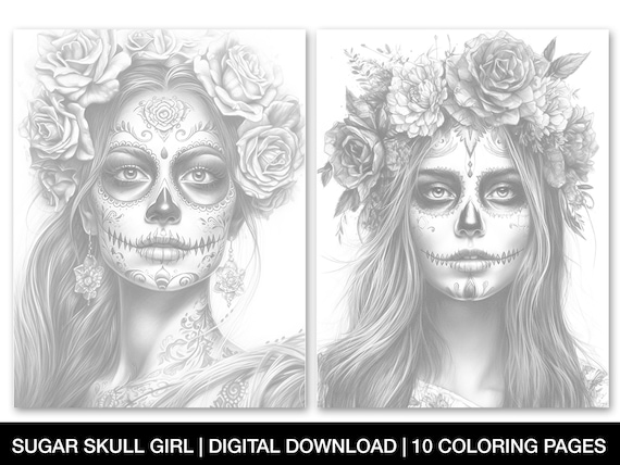 Sugar skull girl coloring pages for adults beautiful printable grayscale sugar skull coloring sheets dia de los muertos instant download