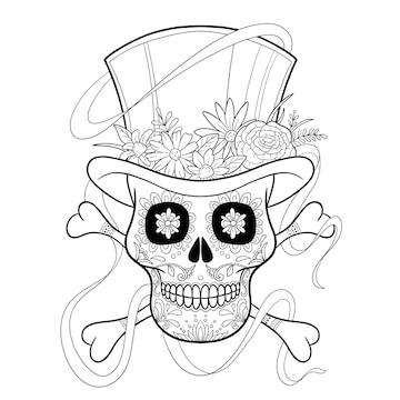 Premium vector sugar skull in the hat with flowers