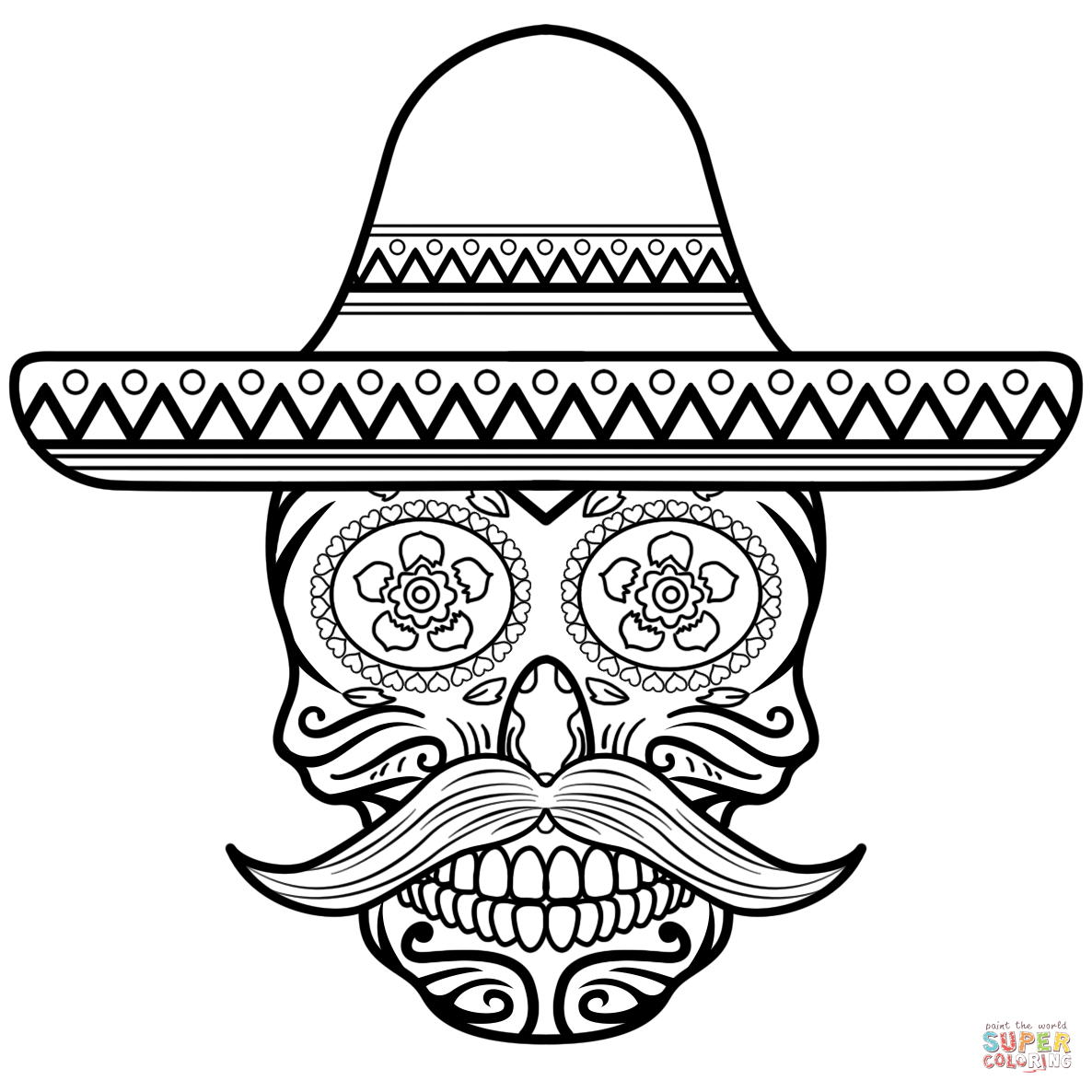 Sugar skull in sombrero coloring page free printable coloring pages