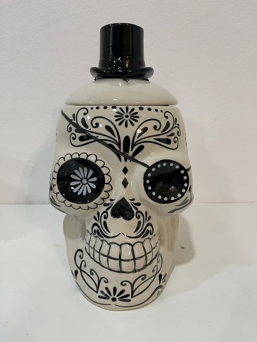 Halloween sugar skull with top hat tattoos and eye patch ceramic cookie jar